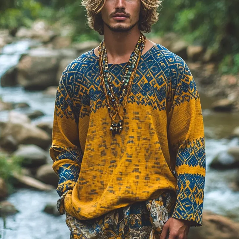 Men's Bohemian Print Round Neck Long Sleeve Loose Fit Shirt 53602186Z sold by Manly product image thumbnail 2