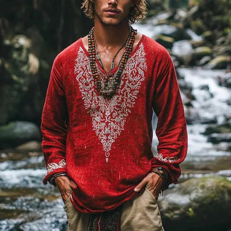 Men's Bohemian Print V Neck Long Sleeve Loose Fit Shirt 67919703Z sold by Manly product image thumbnail 2