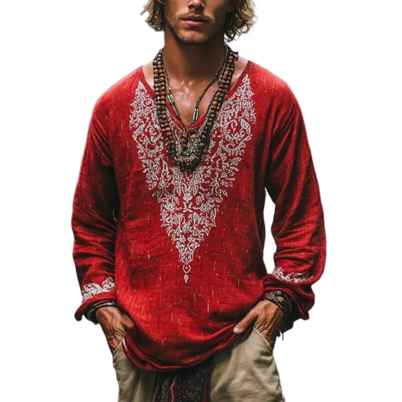 Men's Bohemian Print V Neck Long Sleeve Loose Fit Shirt 67919703Z sold by Manly