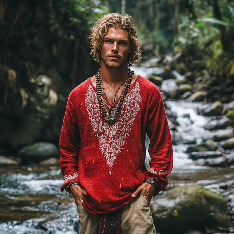 Men's Bohemian Print V Neck Long Sleeve Loose Fit Shirt 67919703Z sold by Manly product image thumbnail 3