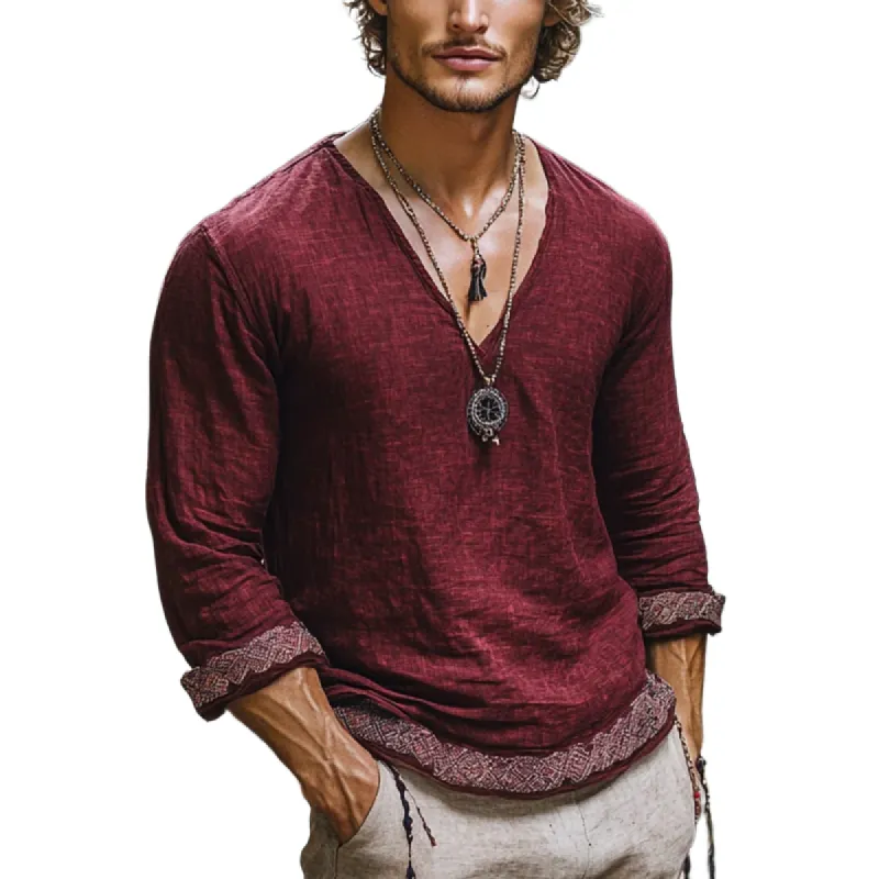 Men's Bohemian Print V Neck Long Sleeve Loose Fit Shirt 09299571Z sold by Manly