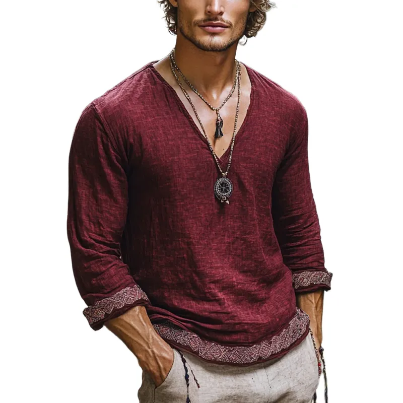 Men's Bohemian Print V Neck Long Sleeve Loose Fit Shirt 09299571Z sold by Manly