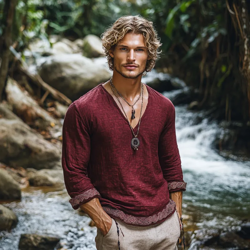 Men's Bohemian Print V Neck Long Sleeve Loose Fit Shirt 09299571Z sold by Manly product image thumbnail 3