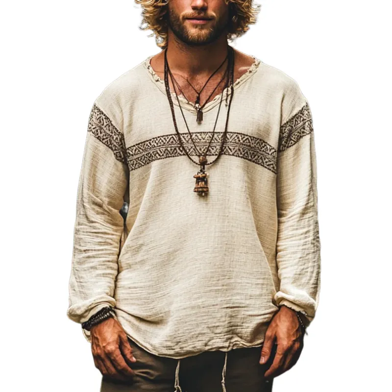 Men's Bohemian Print V Neck Long Sleeve Loose Fit Shirt 34738739Z sold by Manly