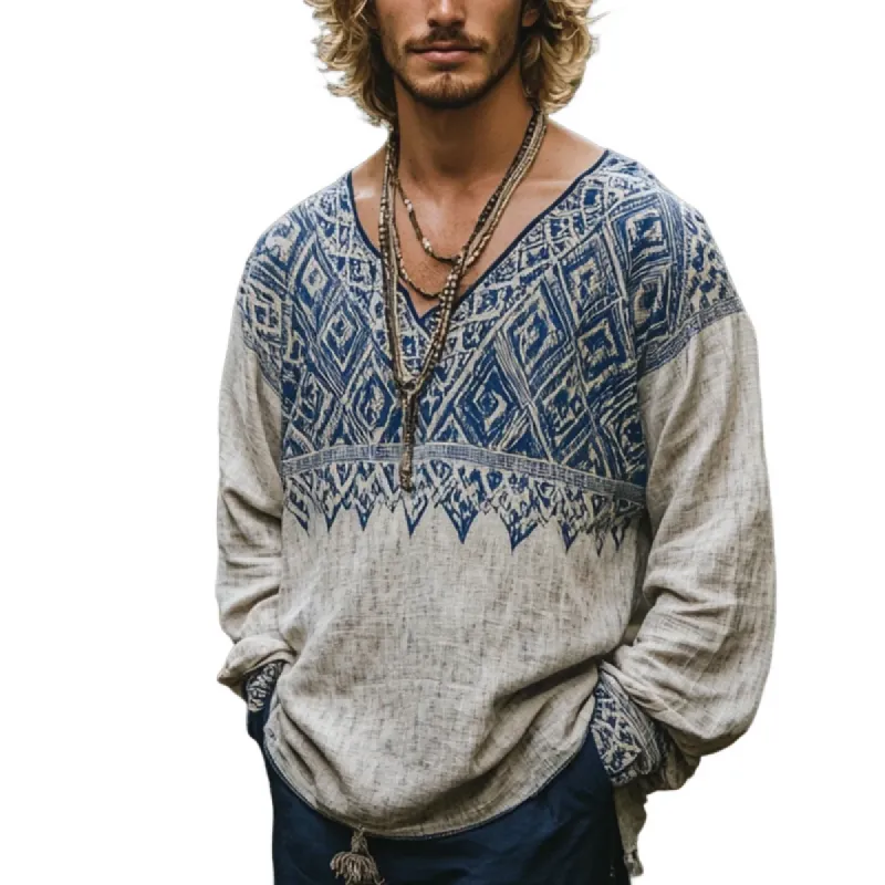 Men's Bohemian Print V Neck Long Sleeve Loose Fit Shirt 59684509Z sold by Manly