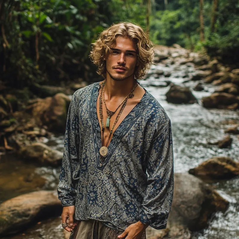 Men's Bohemian Print V Neck Long Sleeve Loose Fit Shirt 66470487Z sold by Manly product image thumbnail 3