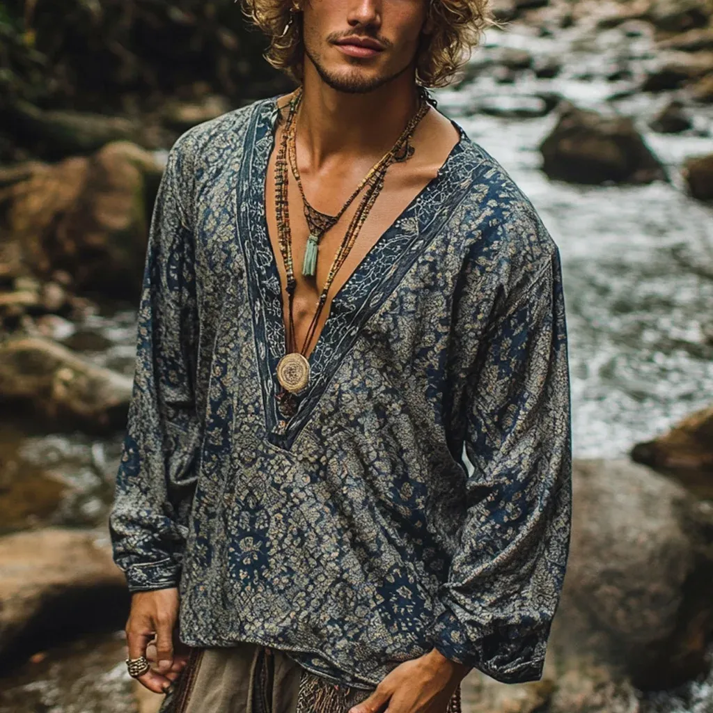 Men's Bohemian Print V Neck Long Sleeve Loose Fit Shirt 66470487Z sold by Manly product image thumbnail 5