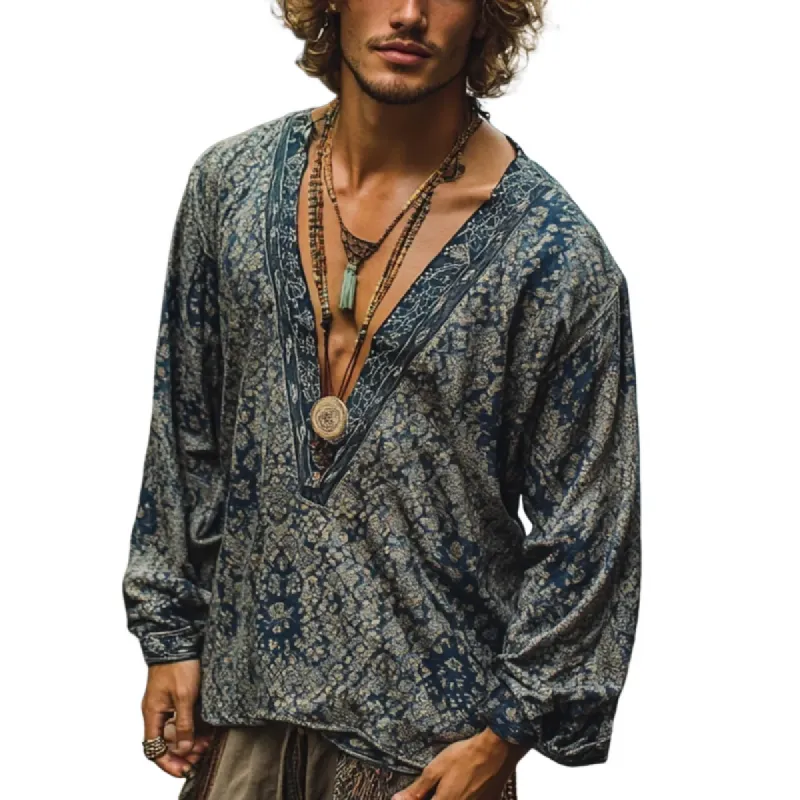Men's Bohemian Print V Neck Long Sleeve Loose Fit Shirt 66470487Z sold by Manly