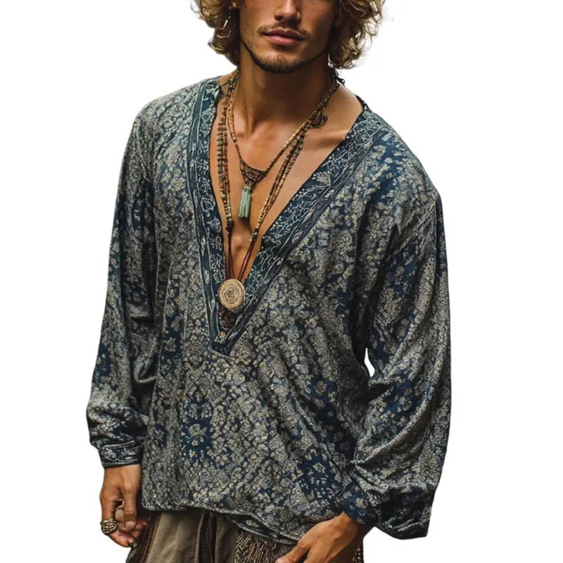 Men's Bohemian Print V Neck Long Sleeve Loose Fit Shirt 66470487Z sold by Manly