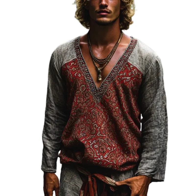 Men's Bohemian Print V Neck Long Sleeve Loose Fit Shirt 14339582Z sold by Manly