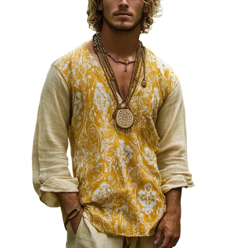 Men's Bohemian Print V Neck Long Sleeve Loose Fit Shirt 89982502Z sold by Manly
