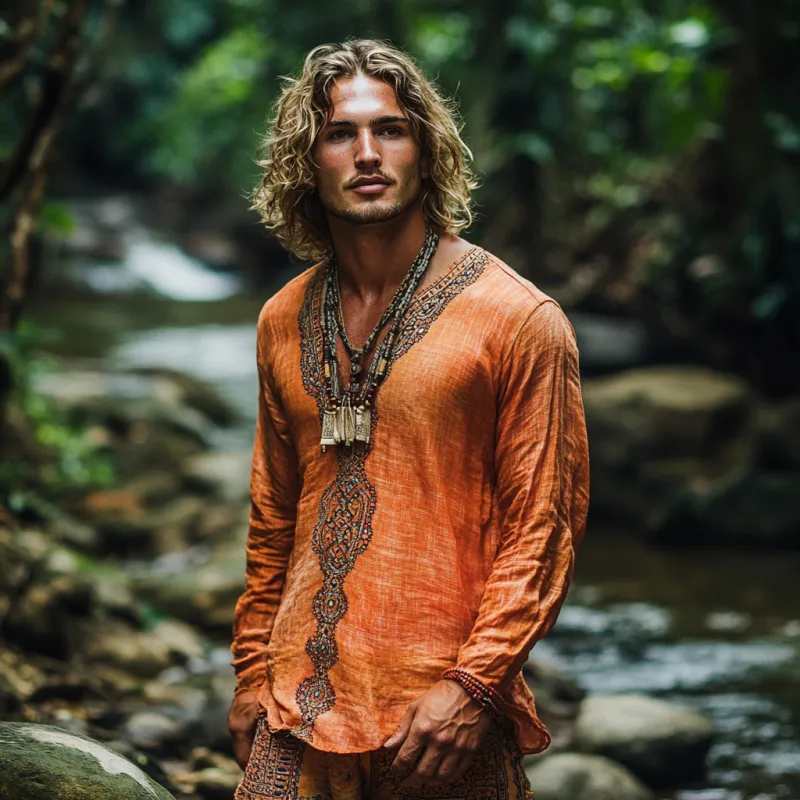 Men's Bohemian Print V Neck Long Sleeve Loose Fit Shirt 69754608Z sold by Manly product image thumbnail 3