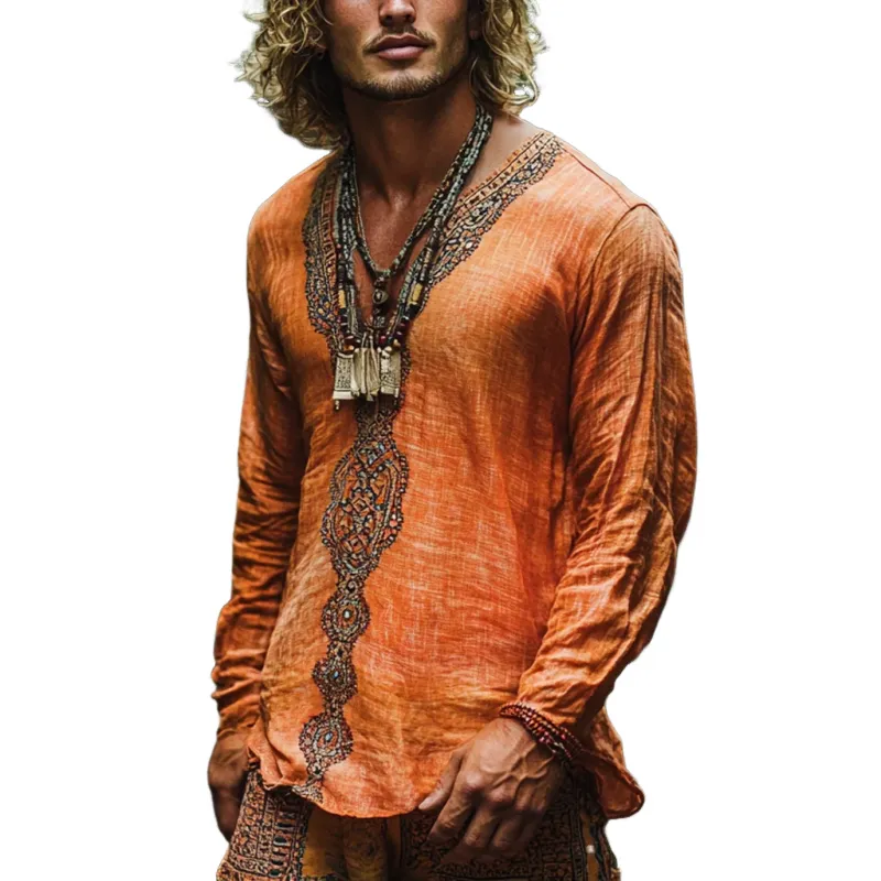 Men's Bohemian Print V Neck Long Sleeve Loose Fit Shirt 69754608Z sold by Manly