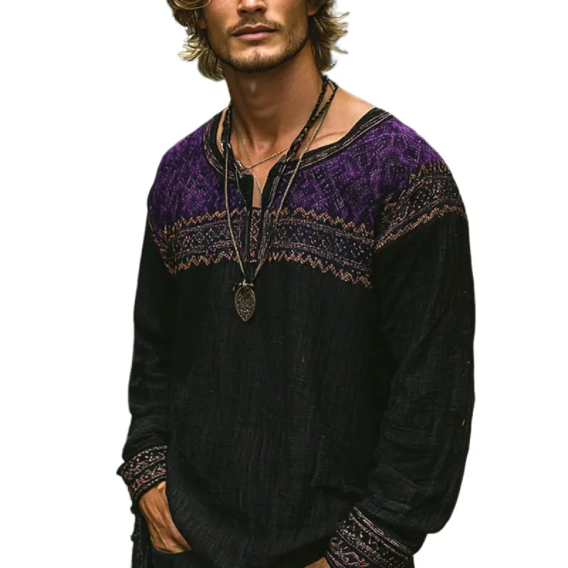 Men's Bohemian Print V Neck Long Sleeve Loose Fit Shirt 02921525Z sold by Manly