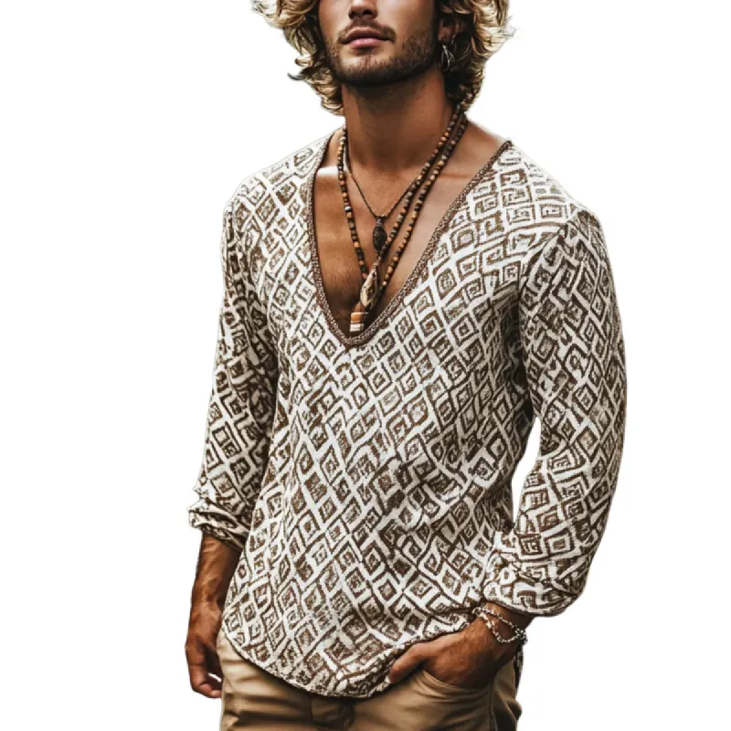 Men's Bohemian Print V Neck Long Sleeve Loose Fit Shirt 17420883Z sold by Manly