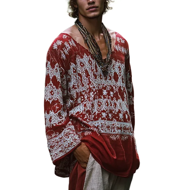 Men's Bohemian Print V Neck Long Sleeve Loose Fit Shirt 08651564Z sold by Manly