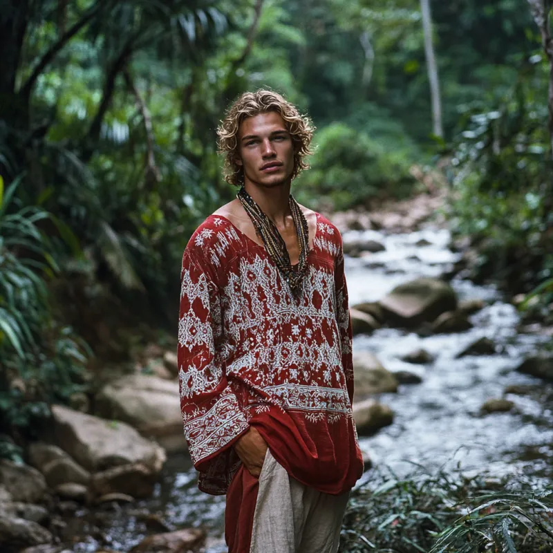 Men's Bohemian Print V Neck Long Sleeve Loose Fit Shirt 08651564Z sold by Manly product image thumbnail 3