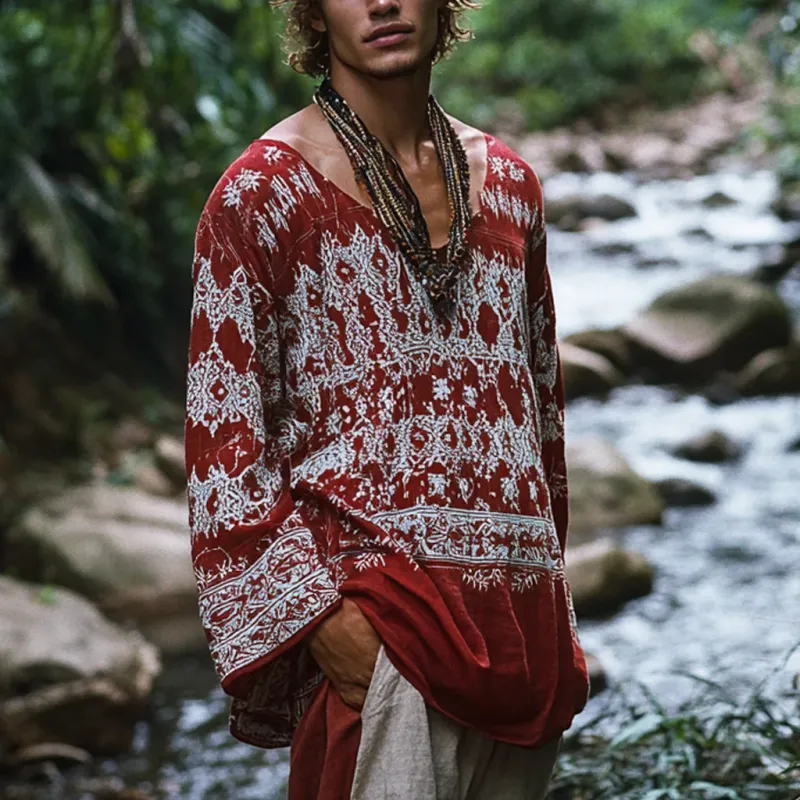 Men's Bohemian Print V Neck Long Sleeve Loose Fit Shirt 08651564Z sold by Manly product image thumbnail 2