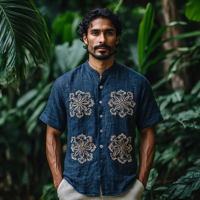 Men's Casual Stand Collar Embroidered Linen Loose Short Sleeve Shirt 84054804M sold by Manly product image thumbnail 3