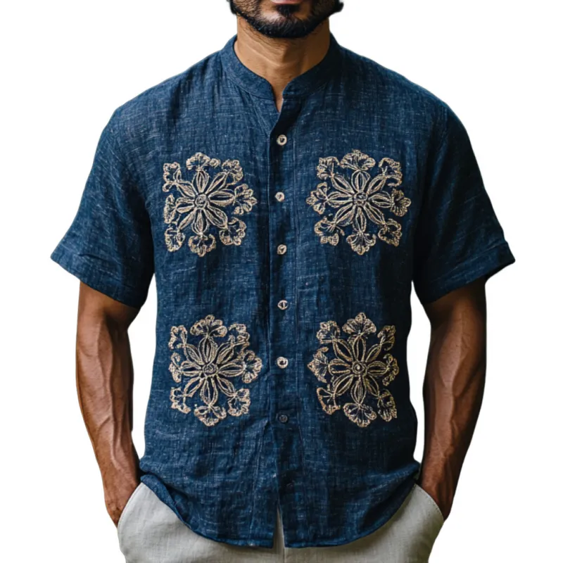 Men's Casual Stand Collar Embroidered Linen Loose Short Sleeve Shirt 84054804M sold by Manly