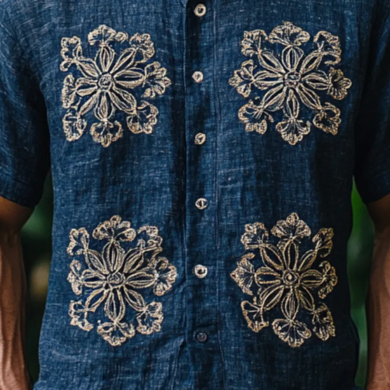 Men's Casual Stand Collar Embroidered Linen Loose Short Sleeve Shirt 84054804M sold by Manly product image thumbnail 4