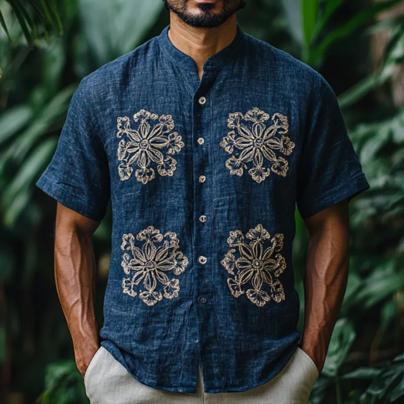 Men's Casual Stand Collar Embroidered Linen Loose Short Sleeve Shirt 84054804M sold by Manly product image thumbnail 2