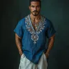 Men's Casual Deep V Neck Embroidered Linen Loose Short Sleeve Shirt 21762942M sold by Manly