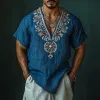 Men's Casual Deep V Neck Embroidered Linen Loose Short Sleeve Shirt 21762942M sold by Manly