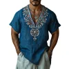 Men's Casual Deep V Neck Embroidered Linen Loose Short Sleeve Shirt 21762942M sold by Manly