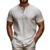 Men's Casual Linen Henley Collar Loose Short Sleeve Shirt 06475085M sold by Manly