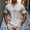 Men's Casual Linen Henley Collar Loose Short Sleeve Shirt 06475085M sold by Manly