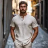 Men's Casual Linen Henley Collar Loose Short Sleeve Shirt 06475085M sold by Manly