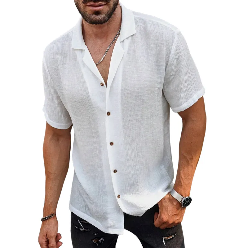 Men's Casual Cotton Linen Lapel Loose Short-sleeved Shirt 90417369M sold by Manly