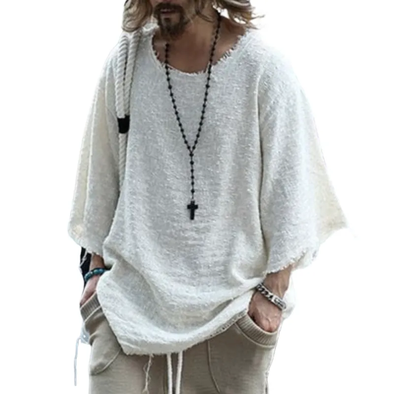 Men's Casual Round Neck Loose Mid-length Sleeve Raw Edge T-shirt 54938741M sold by Manly
