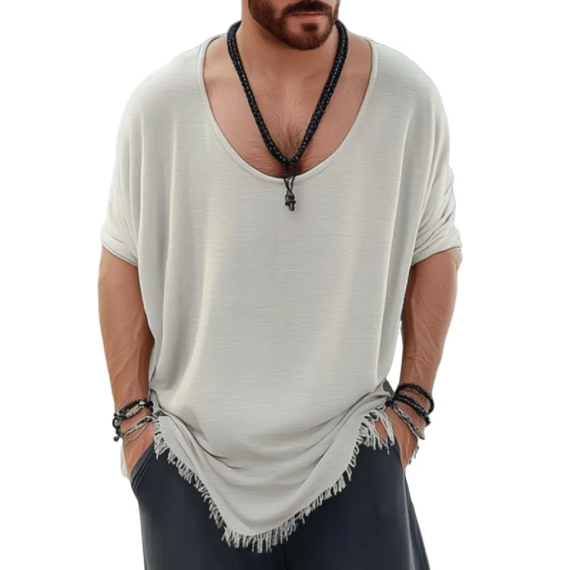 Men's Casual Cotton Round Neck Loose Hem Tassel Long Sleeve T-Shirt 14645668M sold by Manly