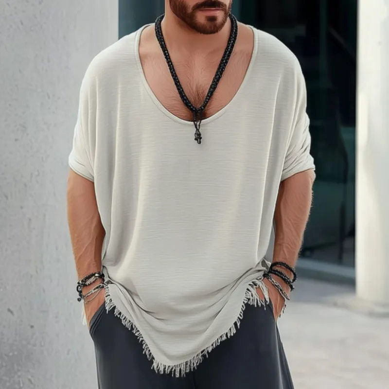 Men's Casual Cotton Round Neck Loose Hem Tassel Long Sleeve T-Shirt 14645668M sold by Manly product image thumbnail 2