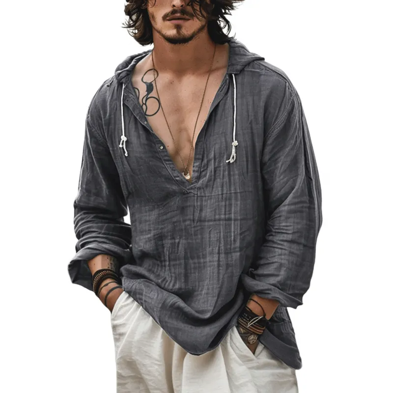 Men's Casual Cotton Linen Thin V-neck Loose Hoodie 49061287M sold by Manly