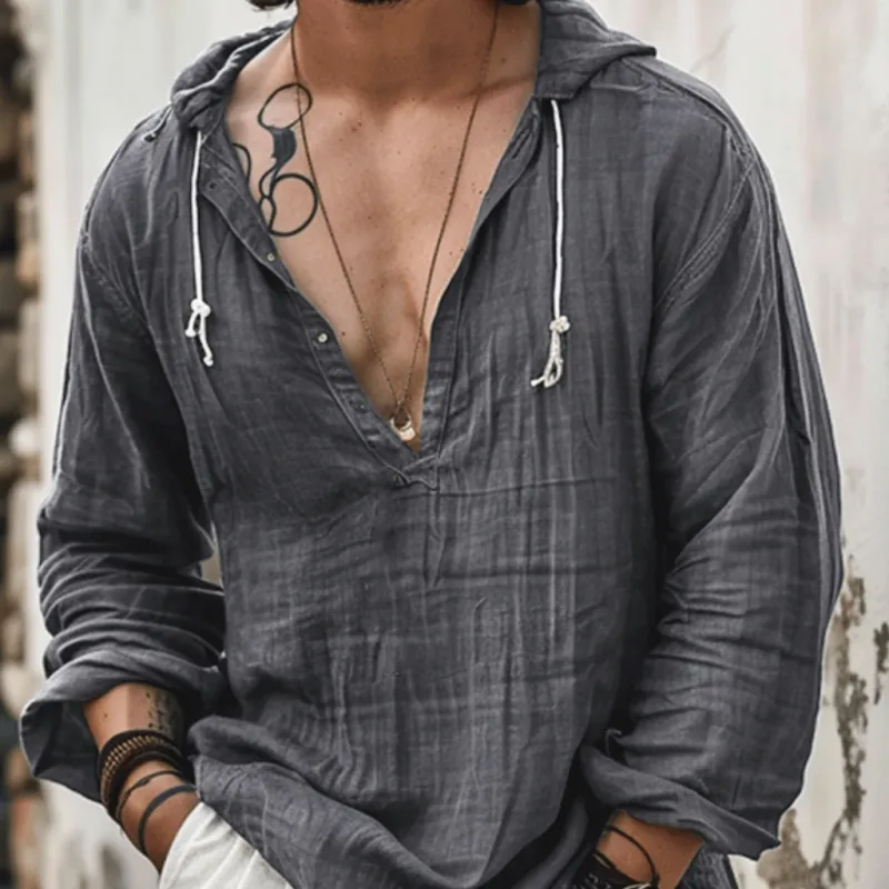 Men's Casual Cotton Linen Thin V-neck Loose Hoodie 49061287M sold by Manly product image thumbnail 3