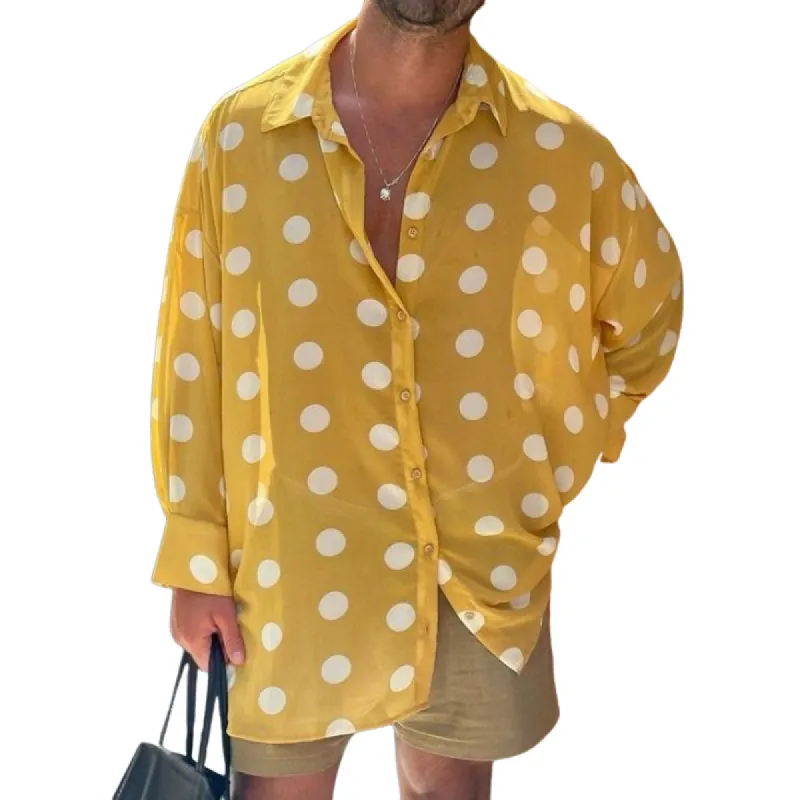 Men's Casual Polka Dot Lapel Loose Single Breasted Long Sleeve Shirt 39073738M made by Manly