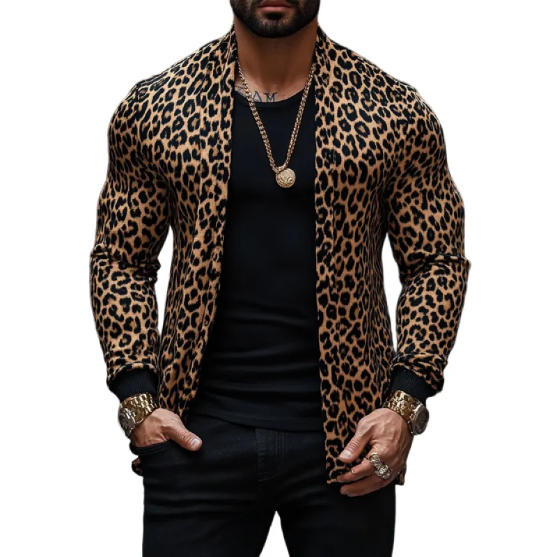 Men's Vintage Leopard Print Buttonless Cardigan Long Sleeve Shirt 84632624U sold by Manly