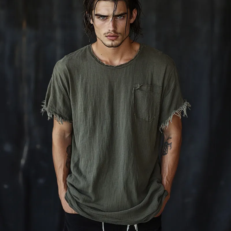 Men's Casual Linen Round Neck Tassel Short-sleeved T-shirt 78587766U sold by Manly product image thumbnail 3