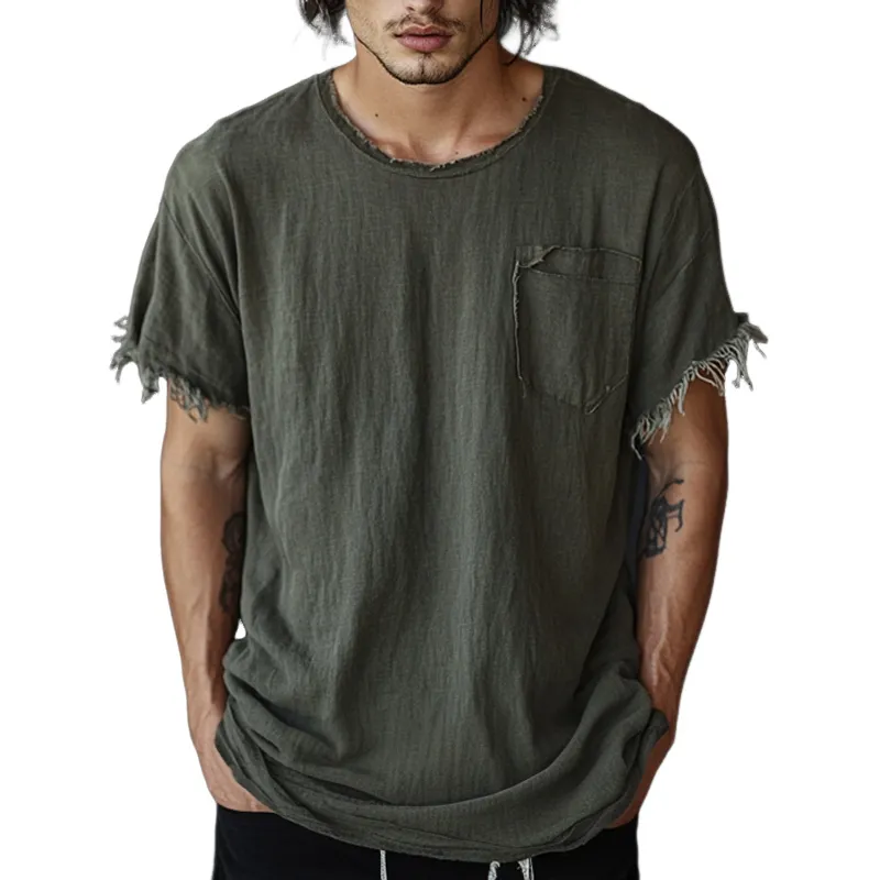 Men's Casual Linen Round Neck Tassel Short-sleeved T-shirt 78587766U sold by Manly