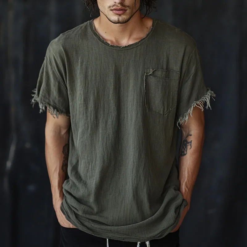 Men's Casual Linen Round Neck Tassel Short-sleeved T-shirt 78587766U sold by Manly product image thumbnail 2