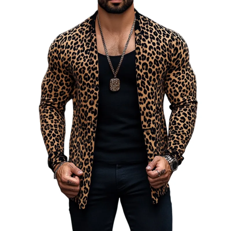 Men's Vintage Leopard Print Buttonless Cardigan Long Sleeve Shirt 37480973U sold by Manly