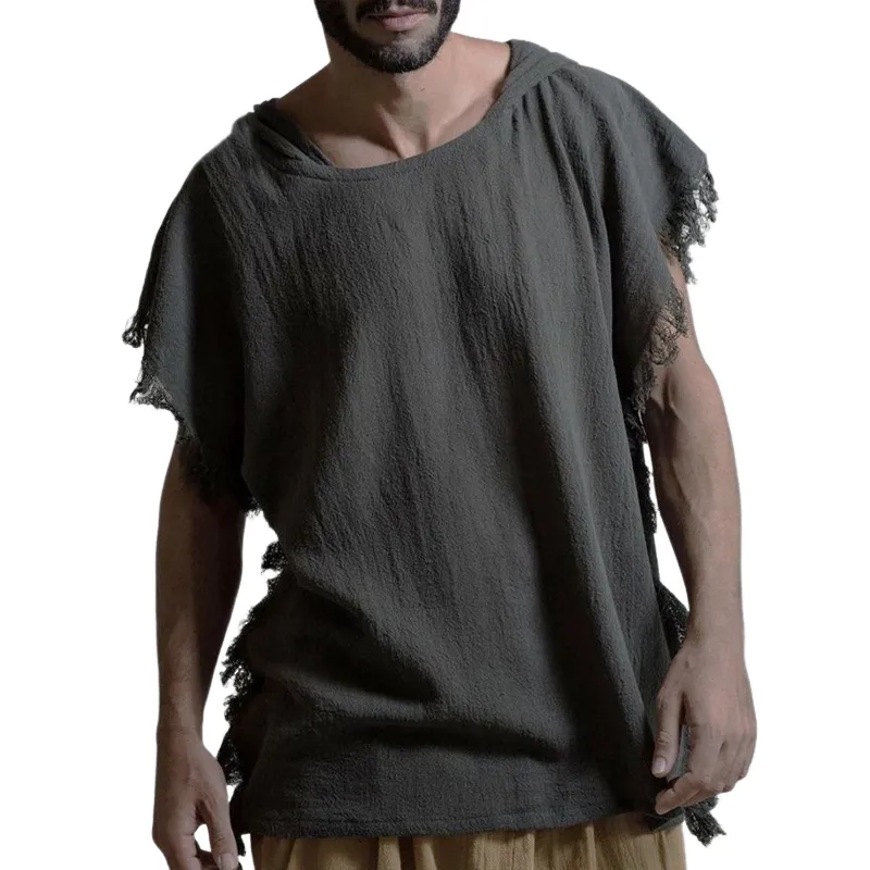 Men's Casual Linen Hooded Tassel Short-sleeved T-shirt 63106830U sold by Manly