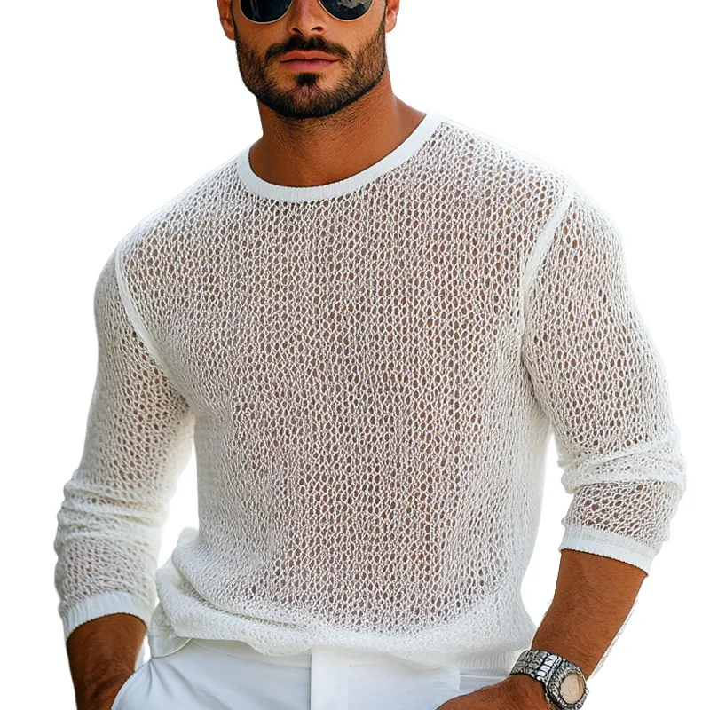 Men's Crew Neck Knitted Mesh Breathable Long Sleeve T-shirt 02960742U sold by Manly