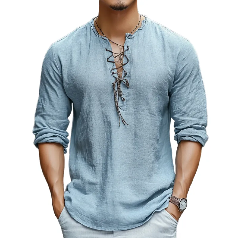Men's Skin-friendly Linen V-neck Lace-up Long-sleeved T-shirt 01279938U sold by Manly