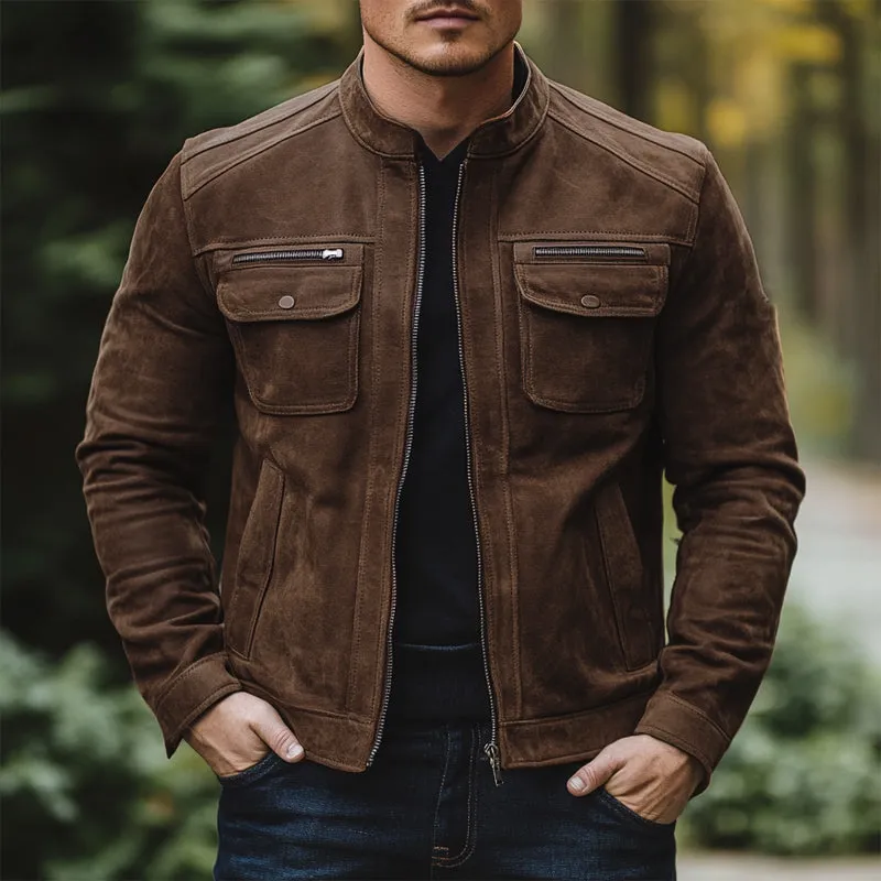 Men's Vintage Stand Collar Zipper Suede Jacket 80417993U sold by Manly product image thumbnail 2