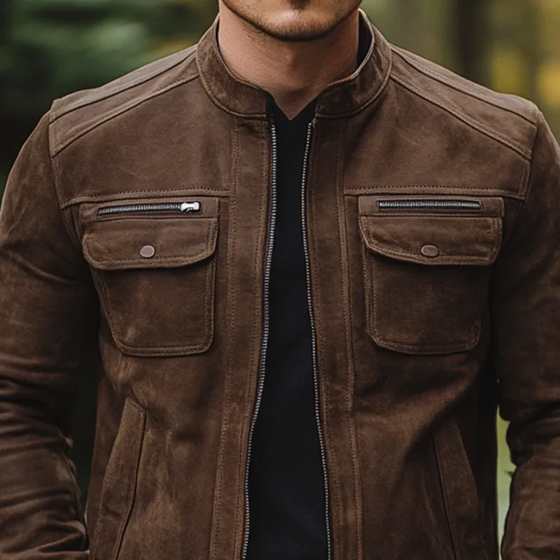 Men's Vintage Stand Collar Zipper Suede Jacket 80417993U sold by Manly product image thumbnail 3