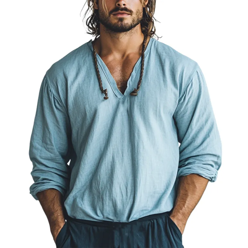 Men's Skin-friendly Casual Linen V-neck Long-sleeved T-shirt 53999236U sold by Manly